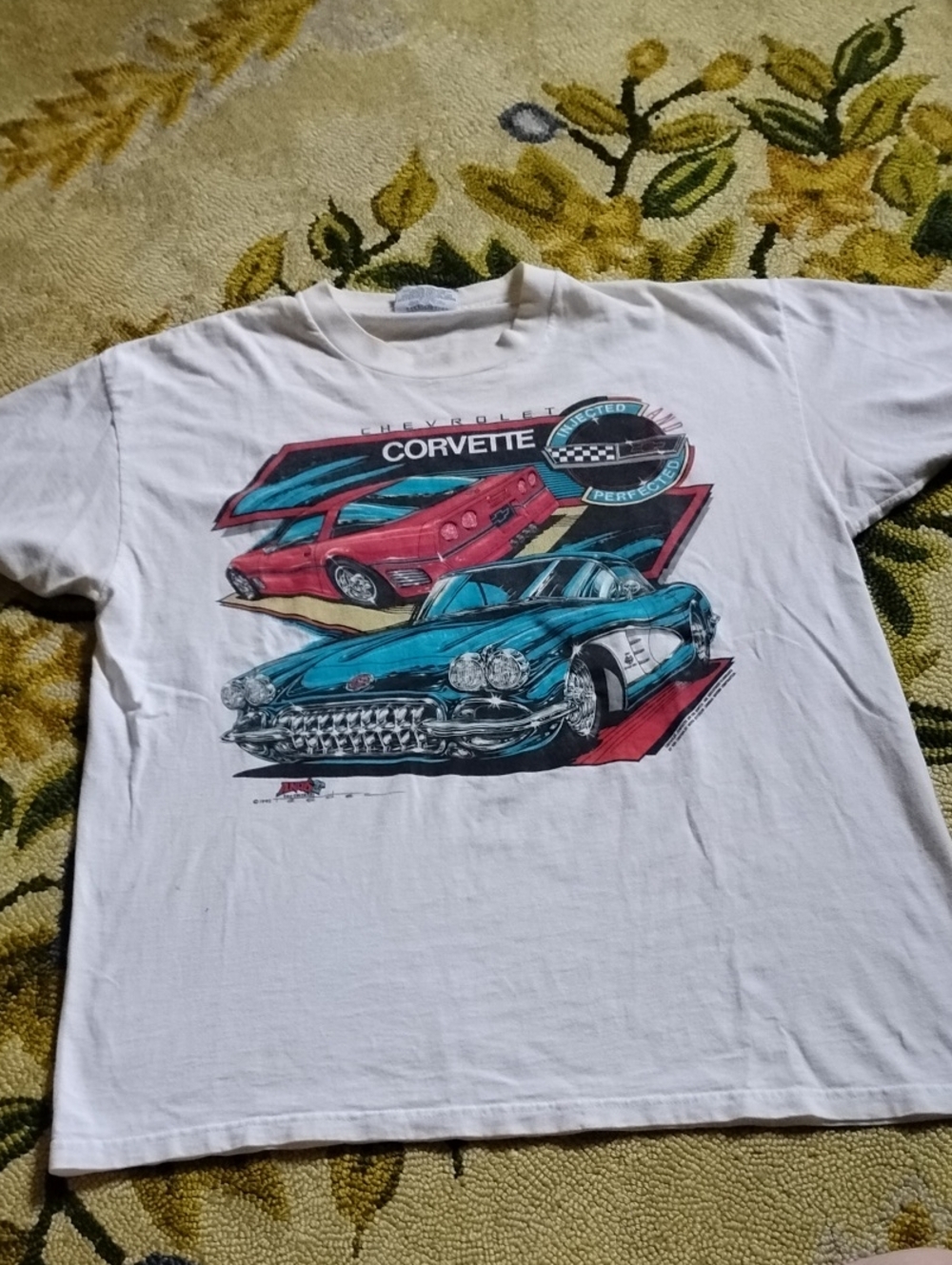 Men's White Vintage Large Lee Total Cotton Corvette Car Automotive Shirt